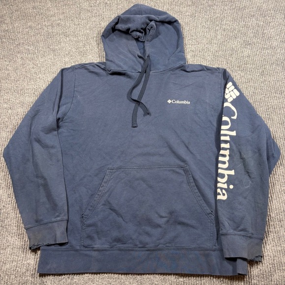 Columbia Other - Columbia Hoodie Mens XL Blue Logo Sleeve Pullover Sweatshirt Pocket Distressed